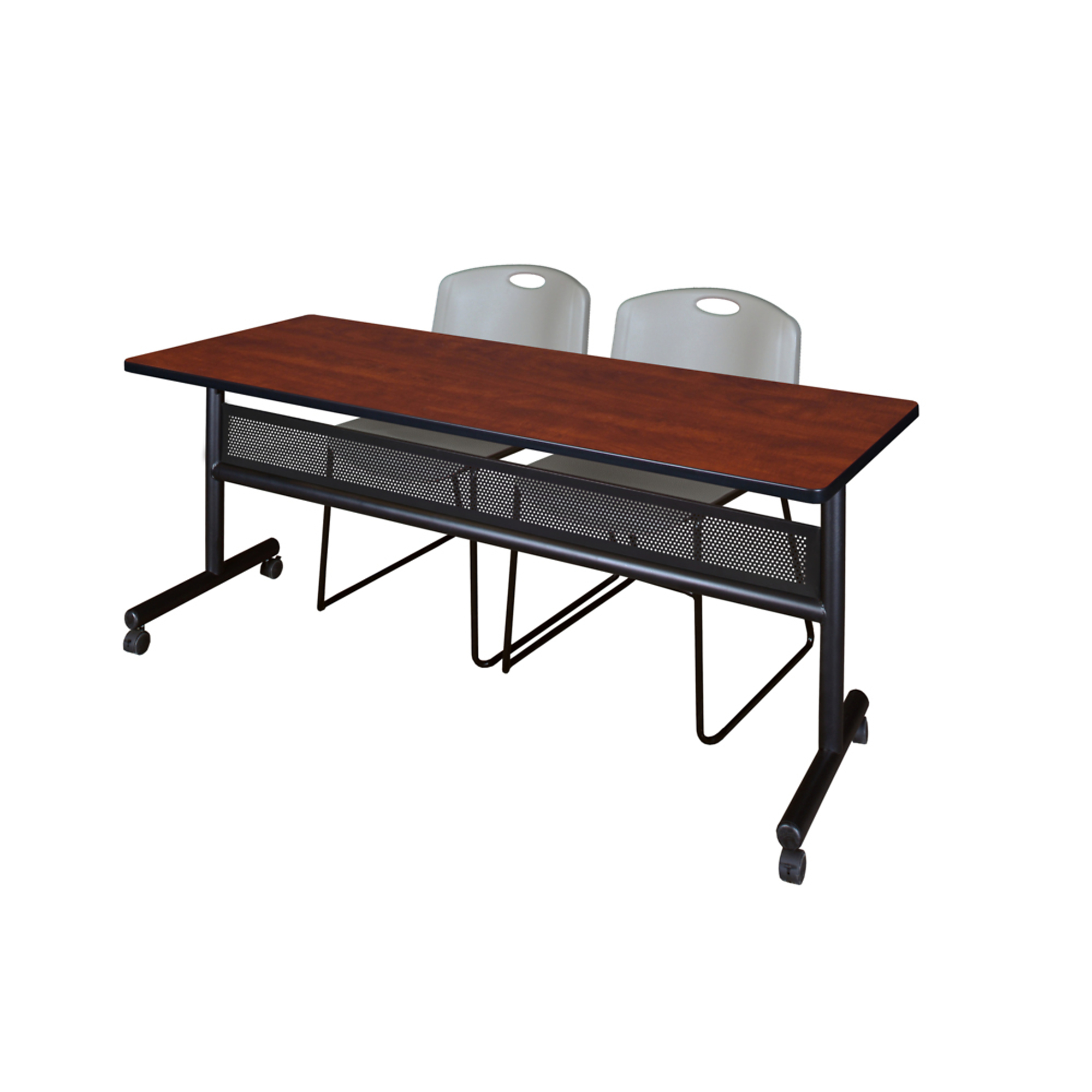 Regency Kobe Flip-Top Privacy Nesting Table with Modesty Panel and Zeng Stack Chairs — 72in. x 24in., Cherry/Maple, 2 Chairs, Model# MKFTM7224CH44GY